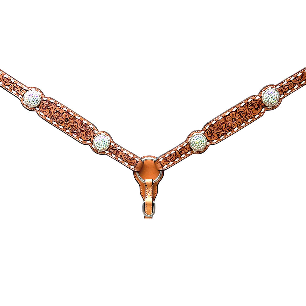 Bar H Equine Horse Genuine Leather Floral Design Breast Collar ,Headstall Tan