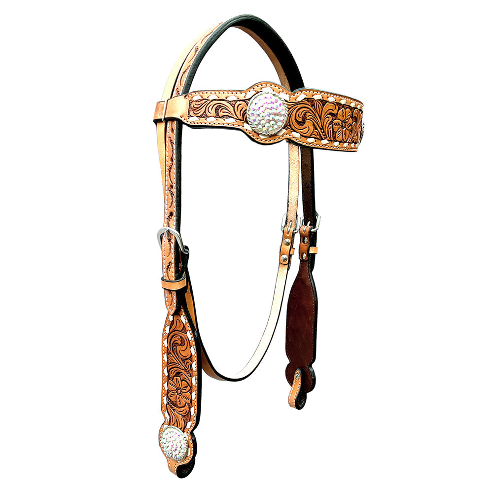 Bar H Equine Horse Genuine Leather Floral Design Breast Collar ,Headstall Tan