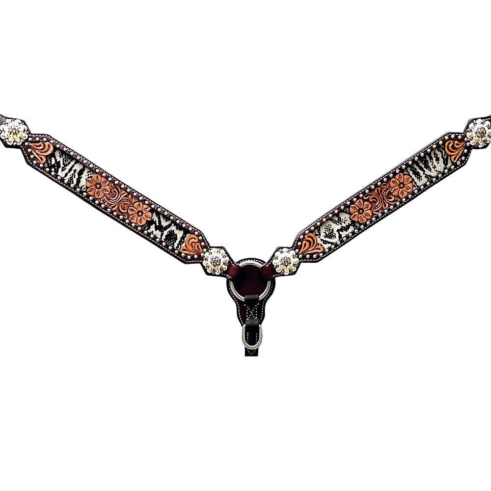 Bar H Equine Horse Genuine Leather Floral Design Breast Collar ,Headstall Brown