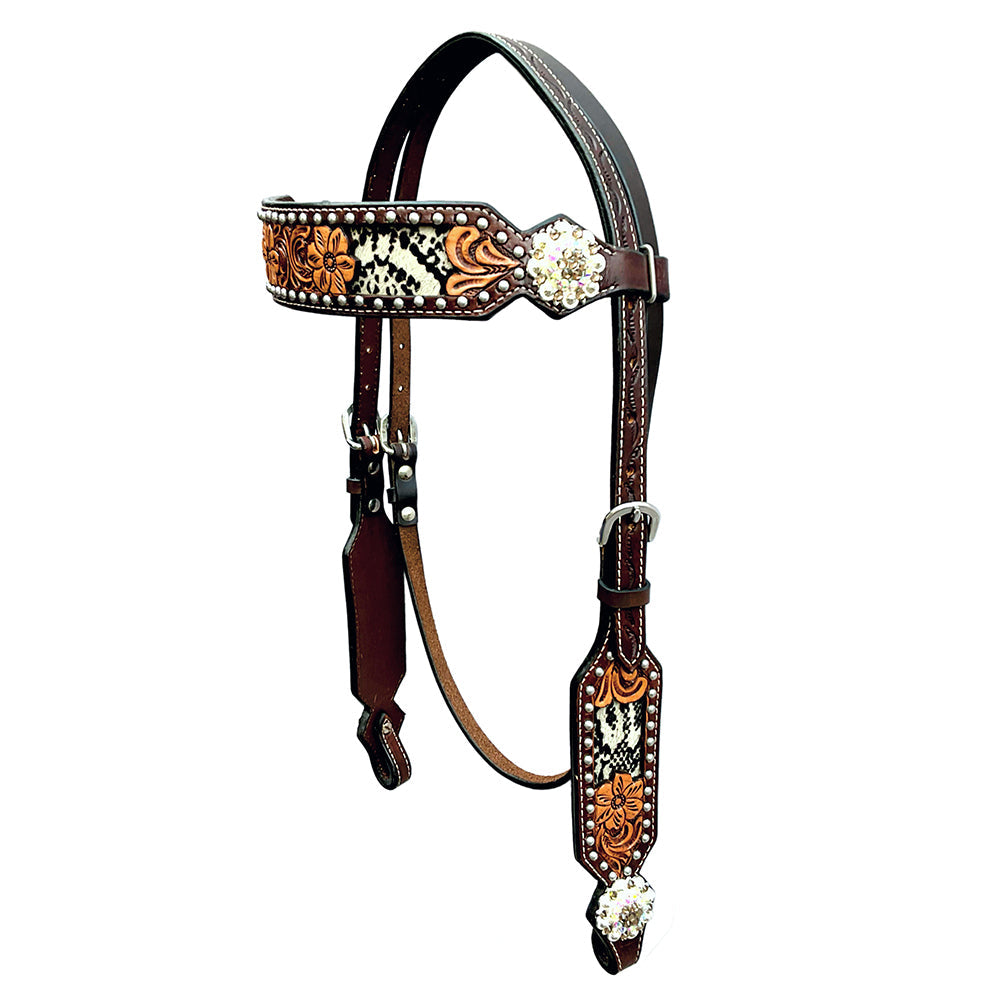 Bar H Equine Horse Genuine Leather Floral Design Breast Collar ,Headstall Brown
