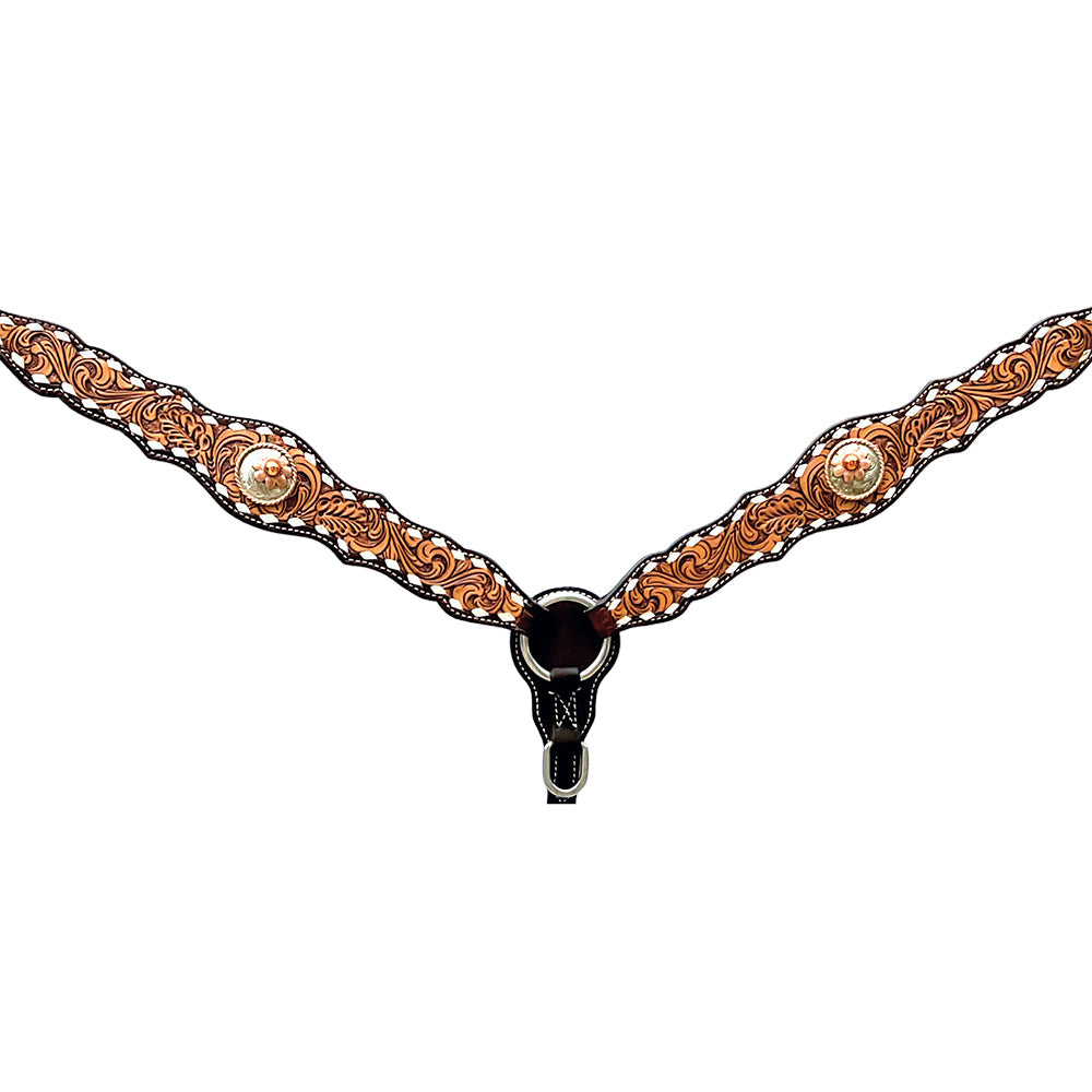 Bar H Equine Horse Genuine Leather Floral Design Breast Collar ,Headstall Brown