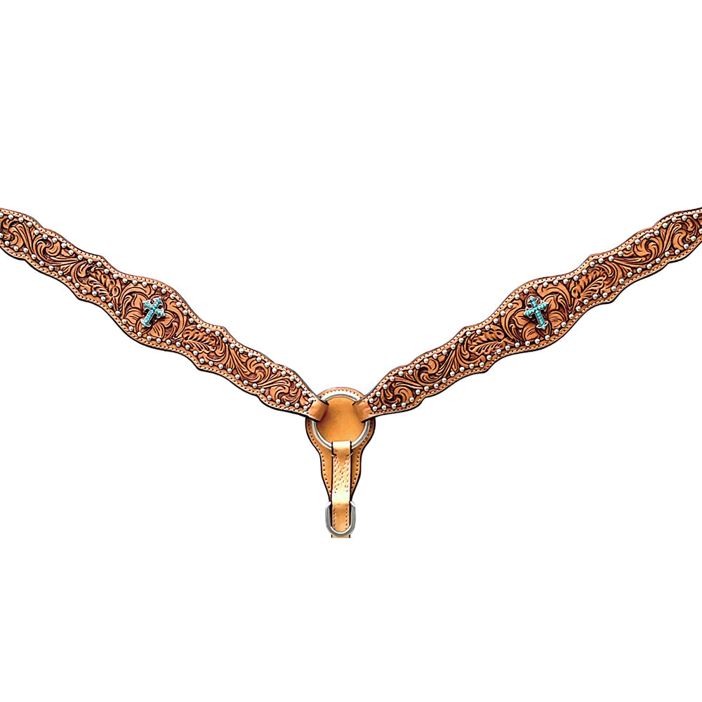 Bar H Equine Horse Genuine Leather Floral Design Breast Collar ,Headstall Tan