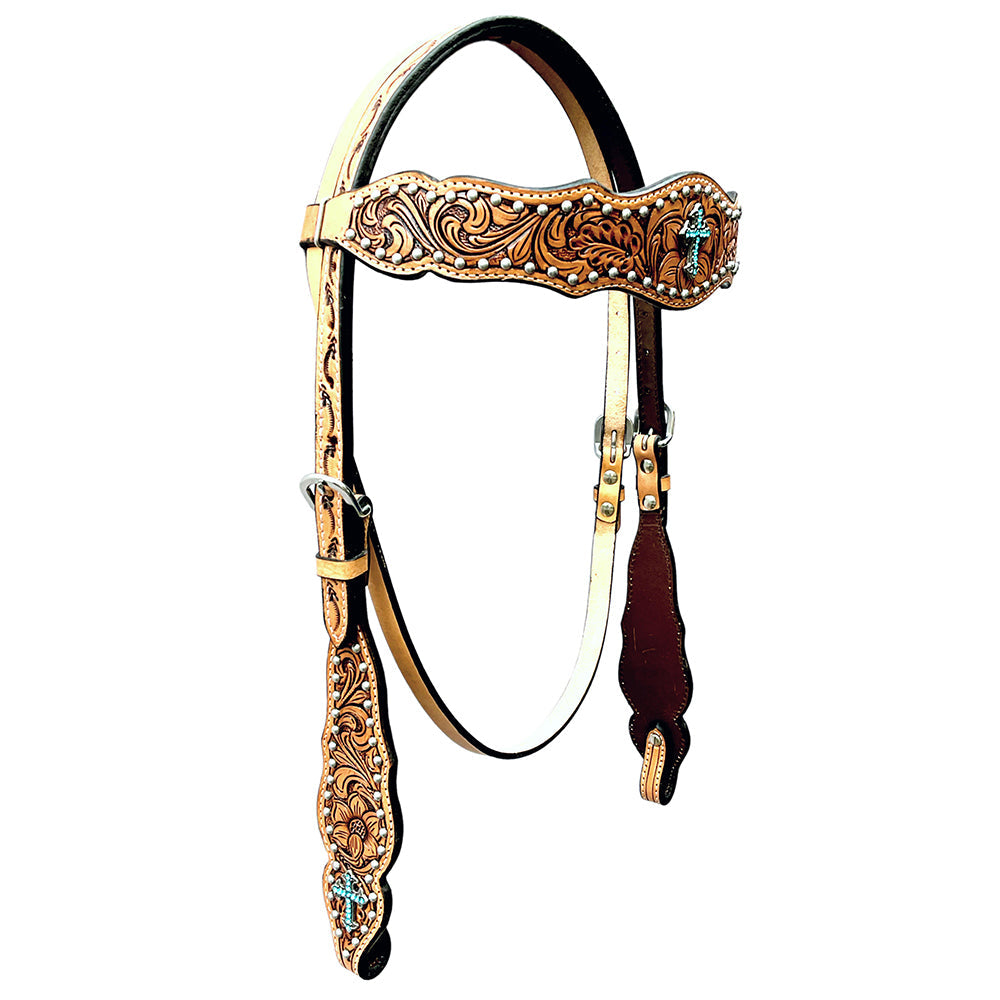 Bar H Equine Horse Genuine Leather Floral Design Breast Collar ,Headstall Tan