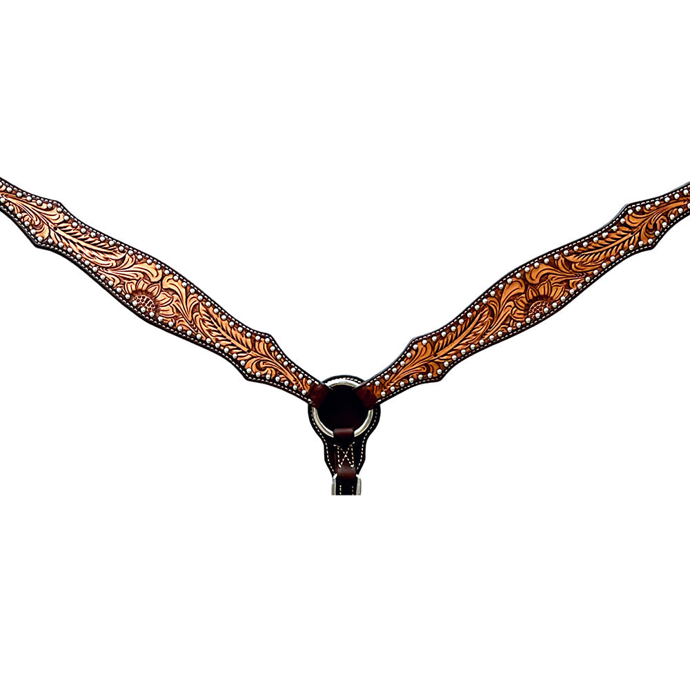 Bar H Equine Horse Genuine Leather Floral Design Breast Collar ,Headstall Brown