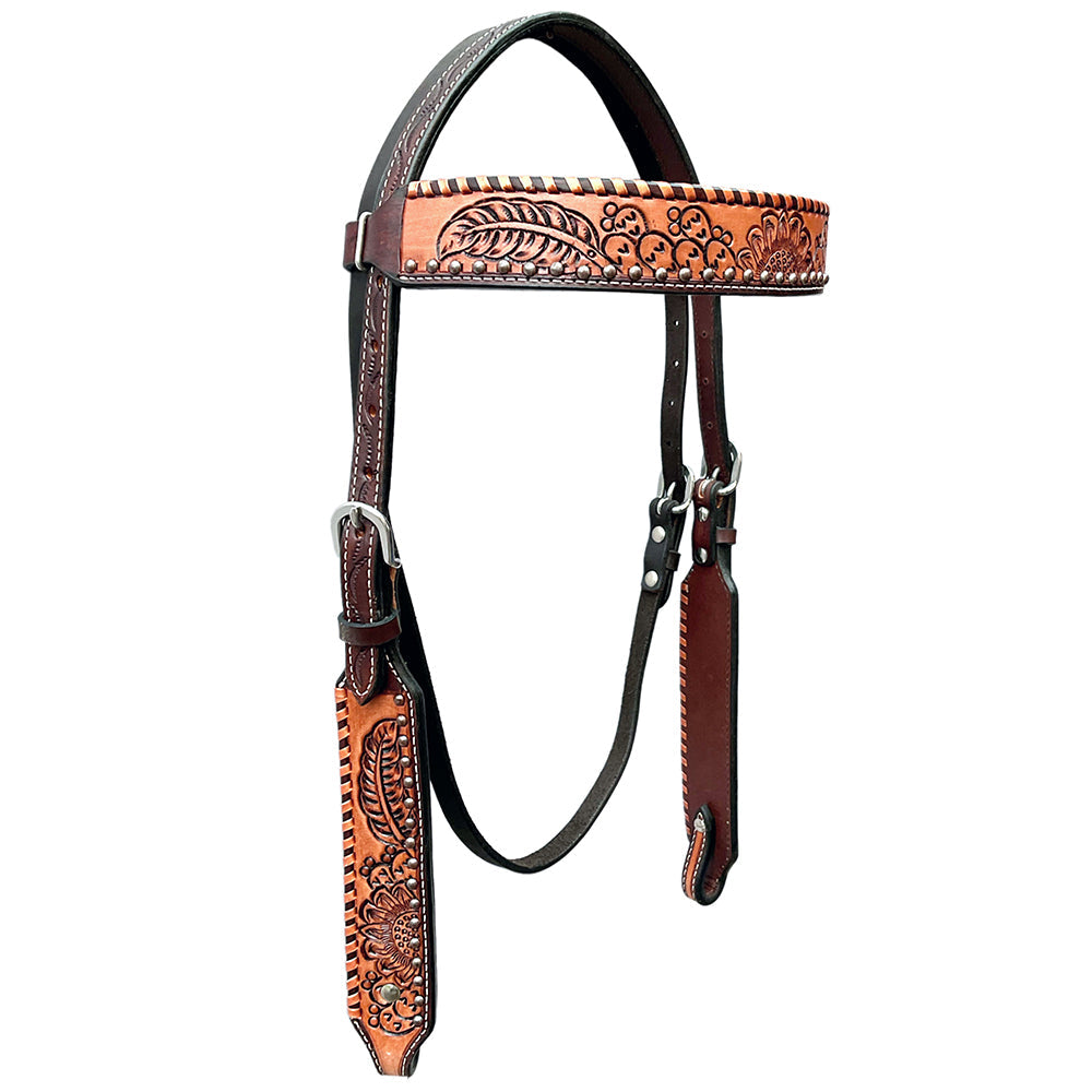 Bar H Equine Horse Genuine Leather Floral Design Breast Collar ,Headstall Brown