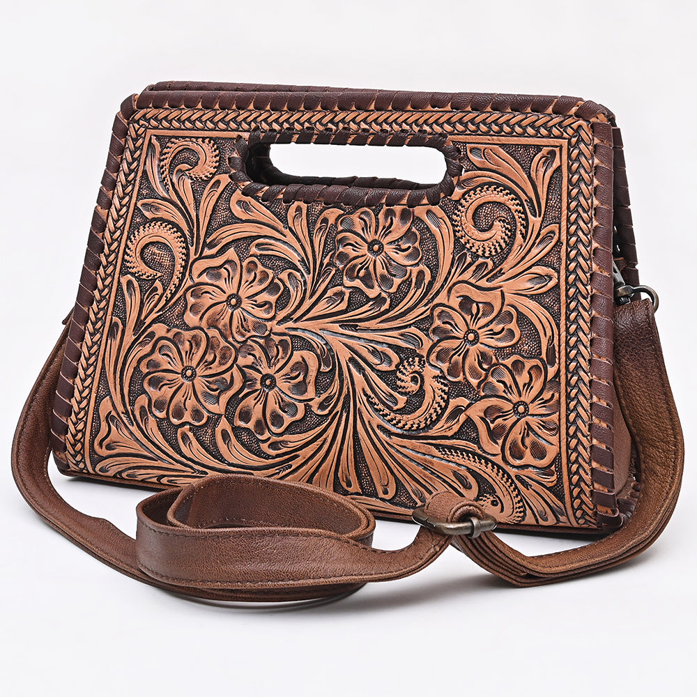 American Darling Hand-Tooled Western Leather Clutch Bag for Women – Floral Carved Crossbody Purse with Removable Strap and Handle