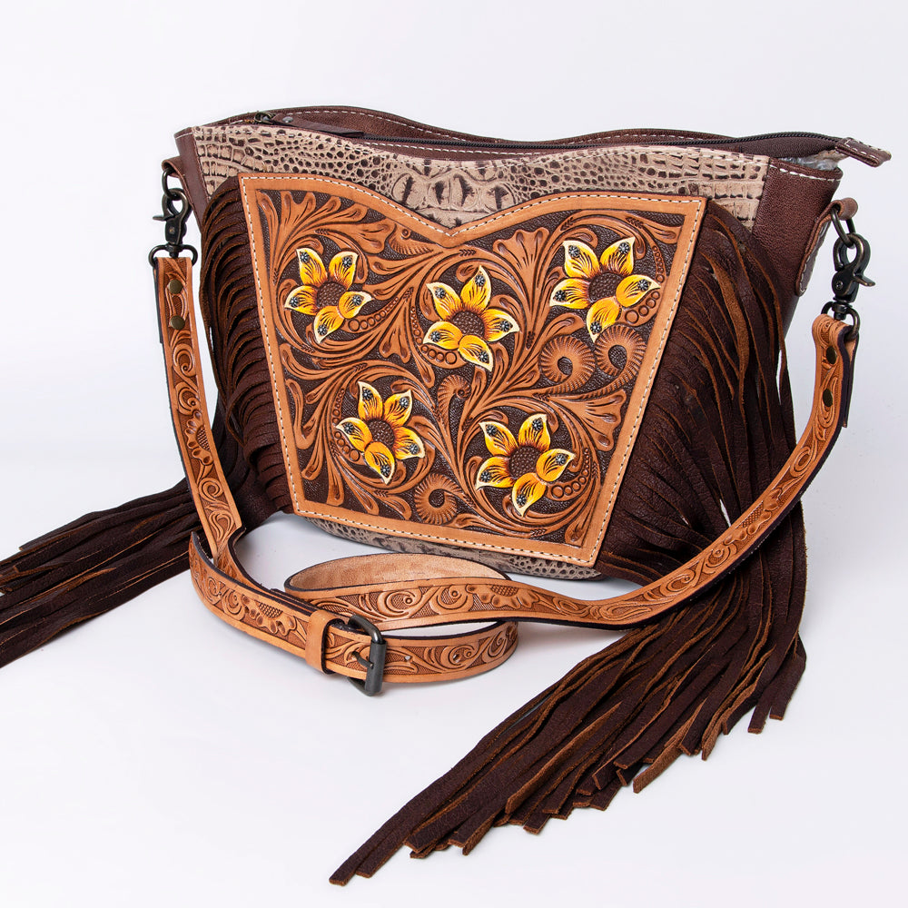 American Darling Hand-Tooled Leather Crossbody Bag for Women – Genuine Floral Carved Western Purse with Fringe and Adjustable Strap