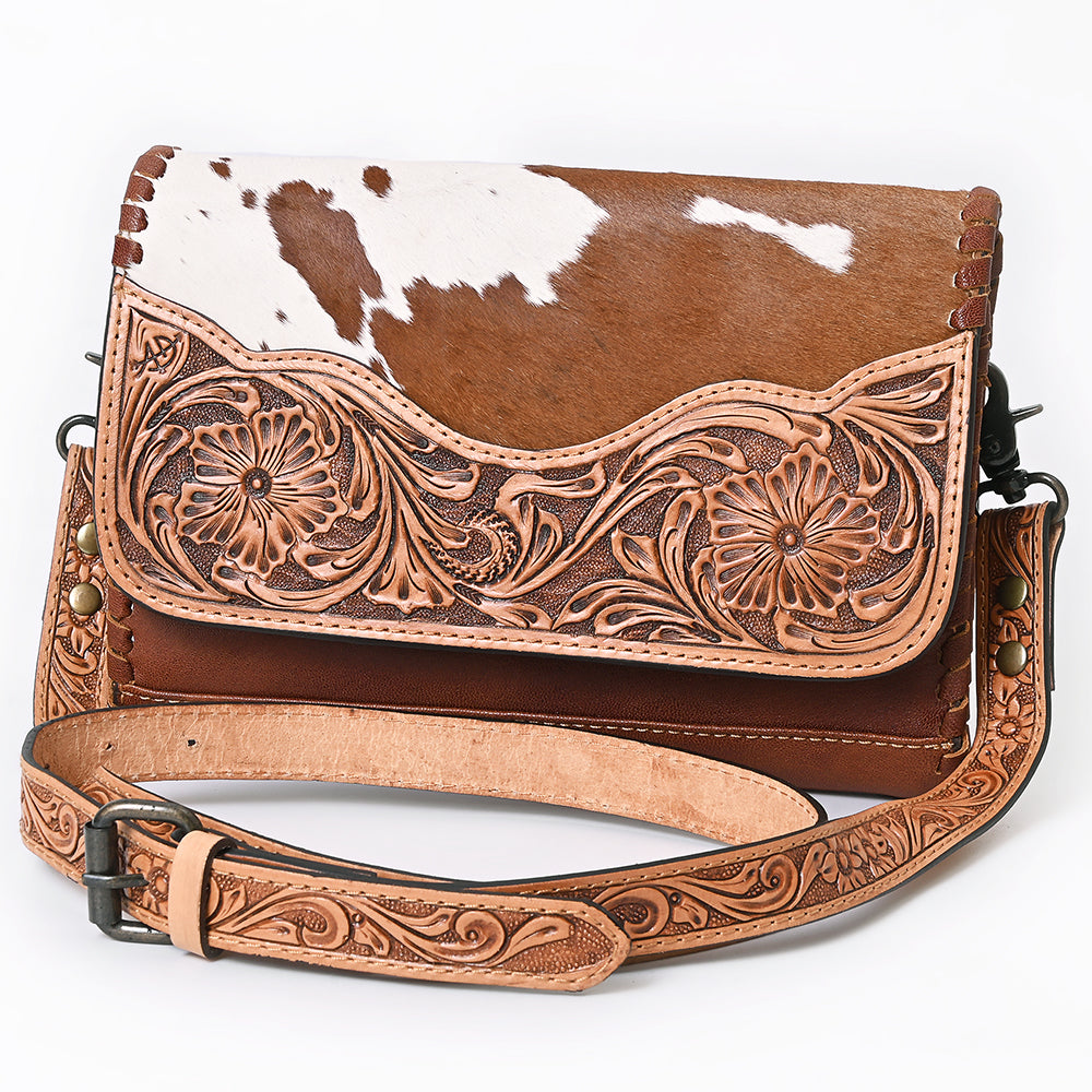American Darling Hand-Tooled Hair-On Leather Crossbody Bag for Women – Genuine Western Cowhide Purse with Adjustable Strap and Floral Carving