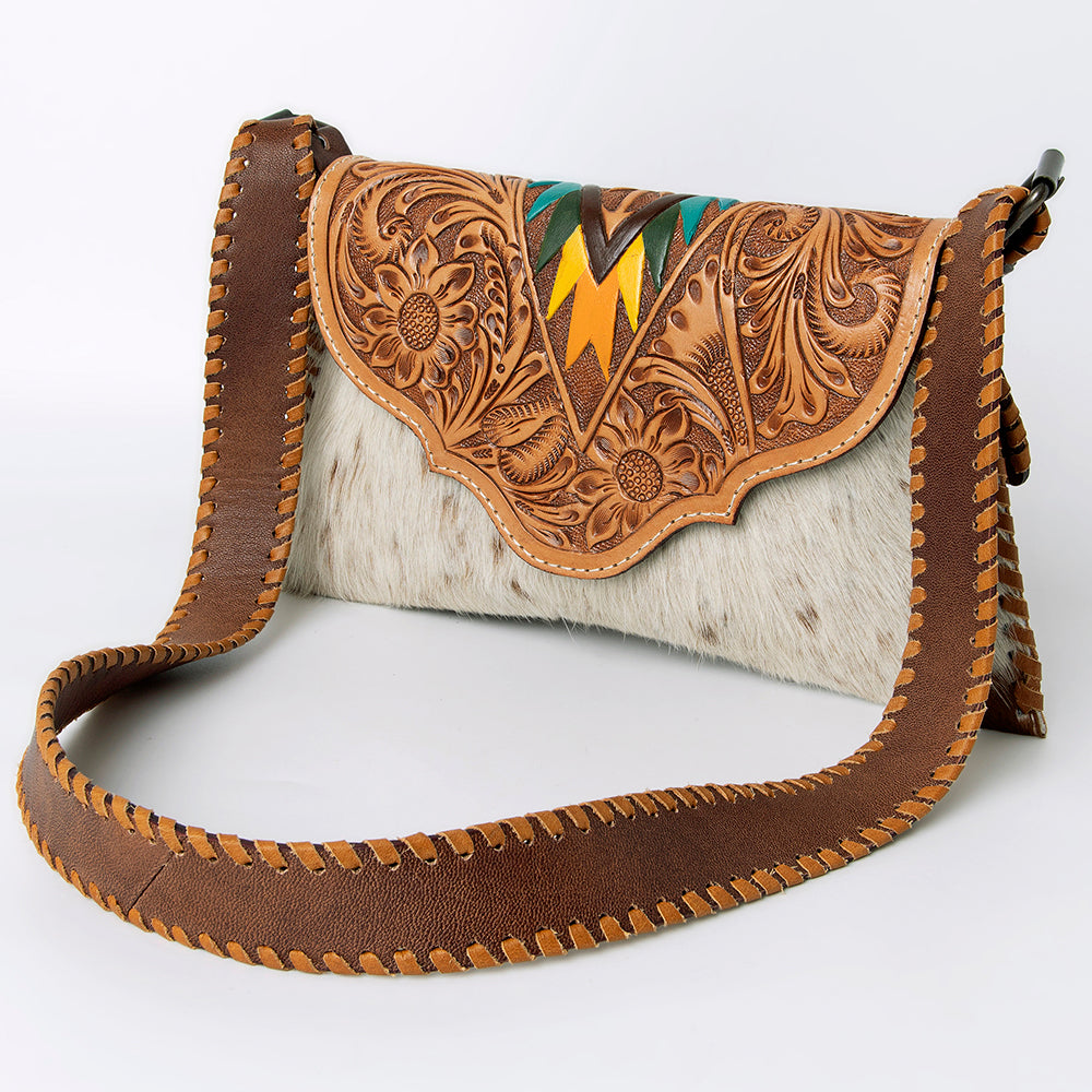 American Darling Hand-Tooled Hair-On Leather Wallet Handbag for Women – Genuine Cowhide Crossbody Purse with Tooled Flap and Contrast Stitching