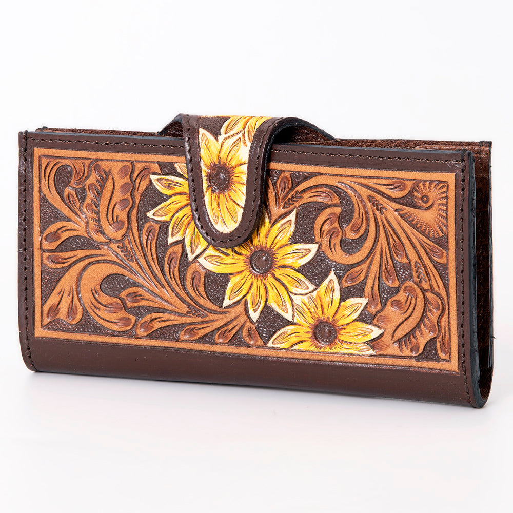 American Darling Hand-Tooled Leather Floral Wallet for Women – Genuine Full-Grain Leather Western Wallet with Sunflower Carving and Snap Closure
