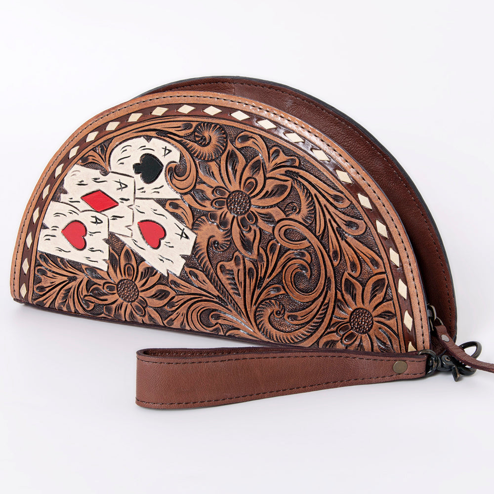 American Darling Hand-Tooled Leather Taco Clutch for Women – Genuine Full-Grain Leather Wristlet with Western Floral Carving and Playing Card Design