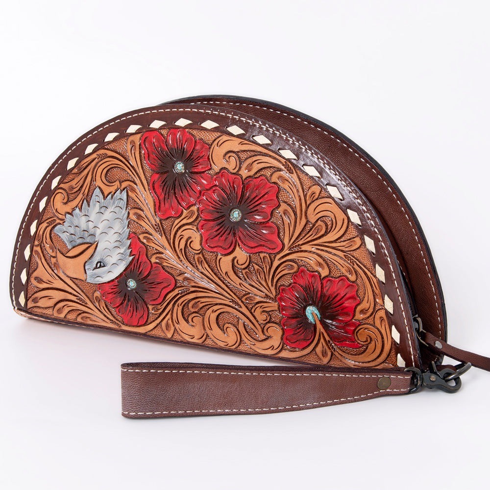 American Darling Hand-Tooled Leather Taco Handbag for Women – Genuine Full-Grain Leather Wristlet Clutch with Floral Carving and Zip Closure