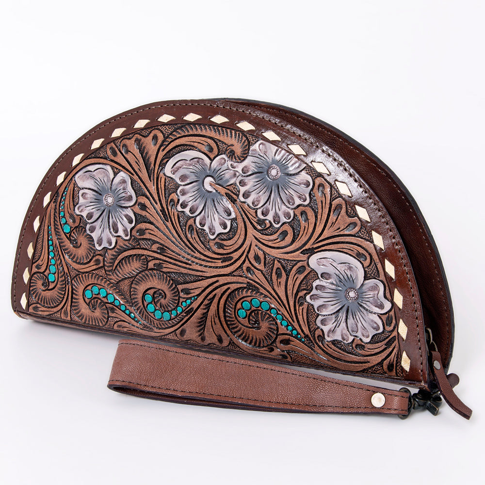 American Darling Hand-Tooled Leather Taco Handbag for Women – Genuine Full-Grain Leather Wristlet Clutch with Floral Carving and Zip Closure