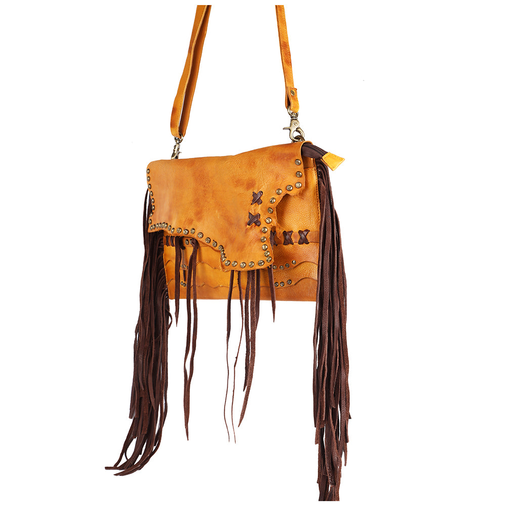 American Darling Small Cross body Bag Western Hand Tooled Floral Carved Genuine Leather Purse with Fringes and Braided Detail