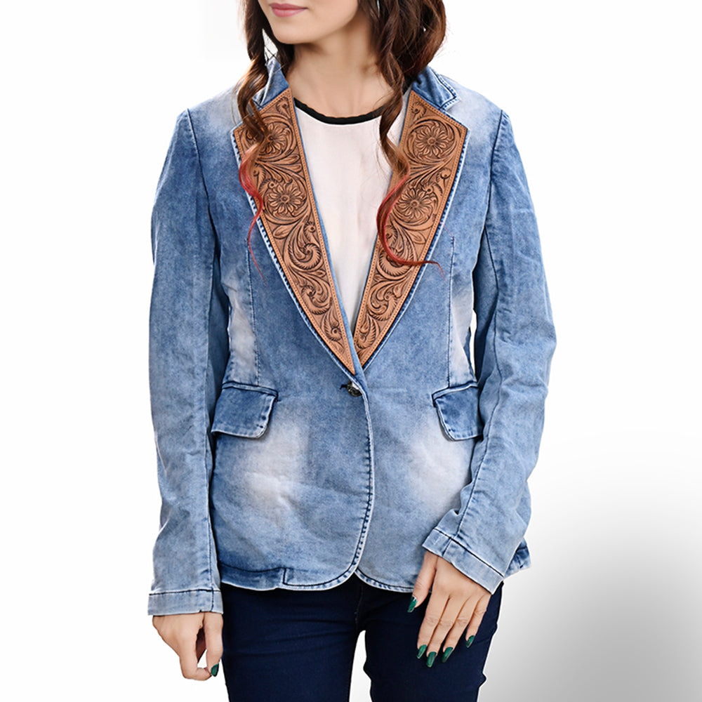 American Darling Genuine leather Hand tooled carved Women 100% cotton Denim Blazer dress Shirt ladies | Vintage Jacket