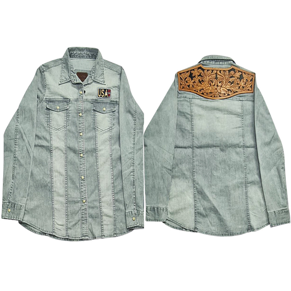 American Darling Leather Hand Tooled Carved Women Denim Shirt Jacket