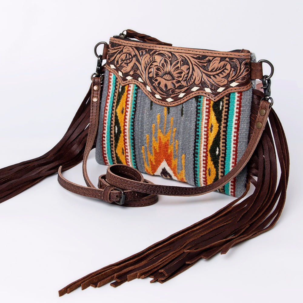 American Darling Western Cross body Bag Hand Tooled Floral Leather & Hand Woven Saddle Blanket with Fringes