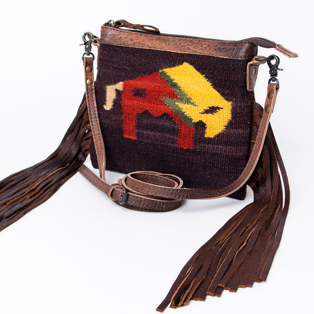 American Darling Western Cross body Bag Hand Tooled Floral Leather & Hand Woven Saddle Blanket with Fringes