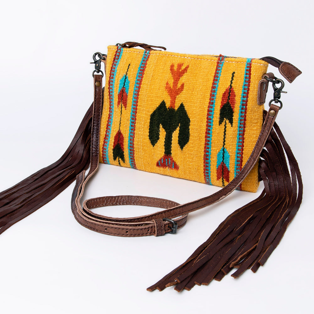 American Darling Western Cross body Bag Hand Tooled Floral Leather & Hand Woven Saddle Blanket with Fringes