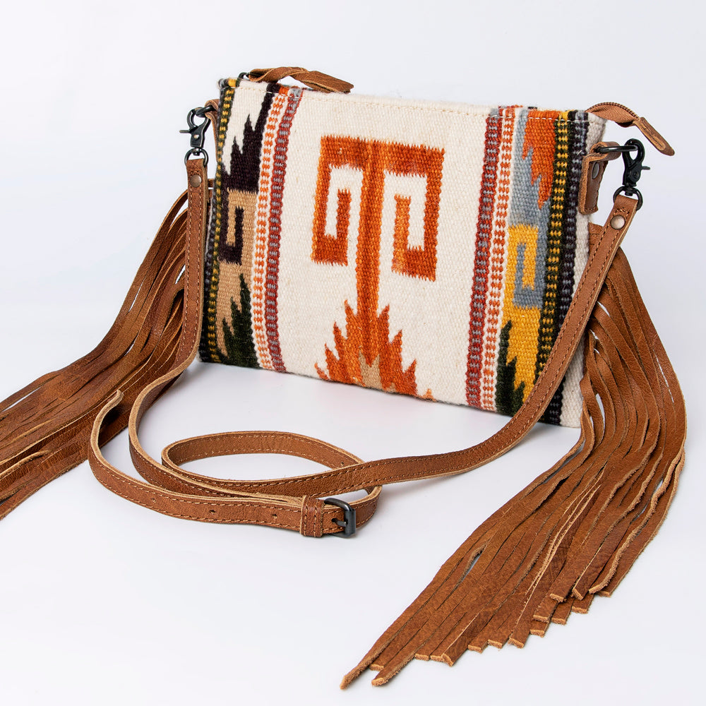 American Darling Western Cross body Bag Hand Tooled Floral Leather & Hand Woven Saddle Blanket with Fringes