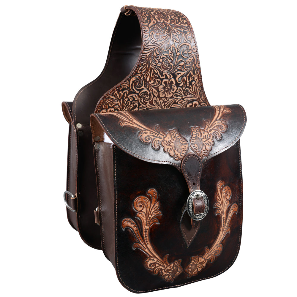 HILASON Western Horse Leather Saddle Bag Heavy-duty Traditional Trail Ride Floral Dark Brown