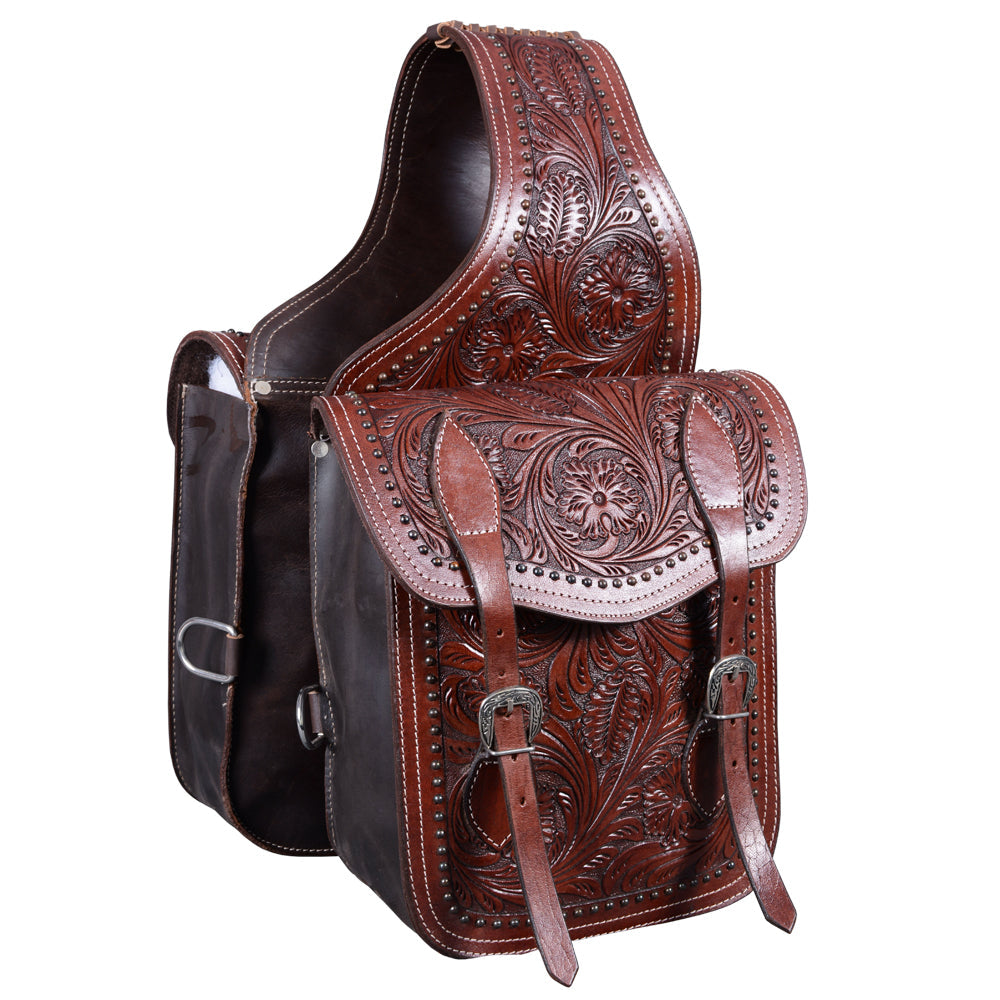 HILASON Western Horse Leather Saddle Bag Heavy-duty Traditional Trail Ride Floral Mahogany