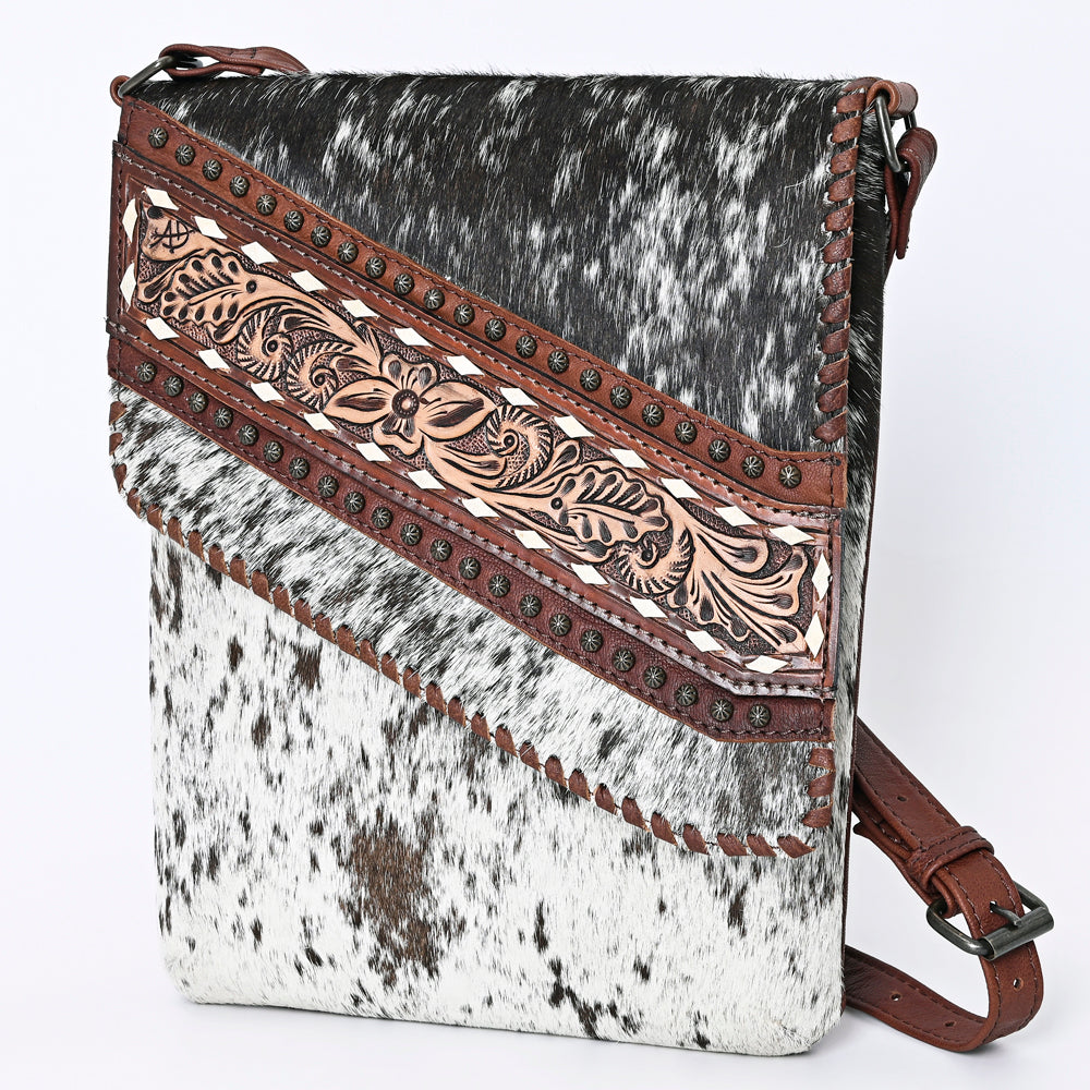 American Darling Hair-on Cowhide Hand-Tooled Crossbody Bag for Women – Genuine Leather Western Purse with Adjustable Strap and Rustic Carving