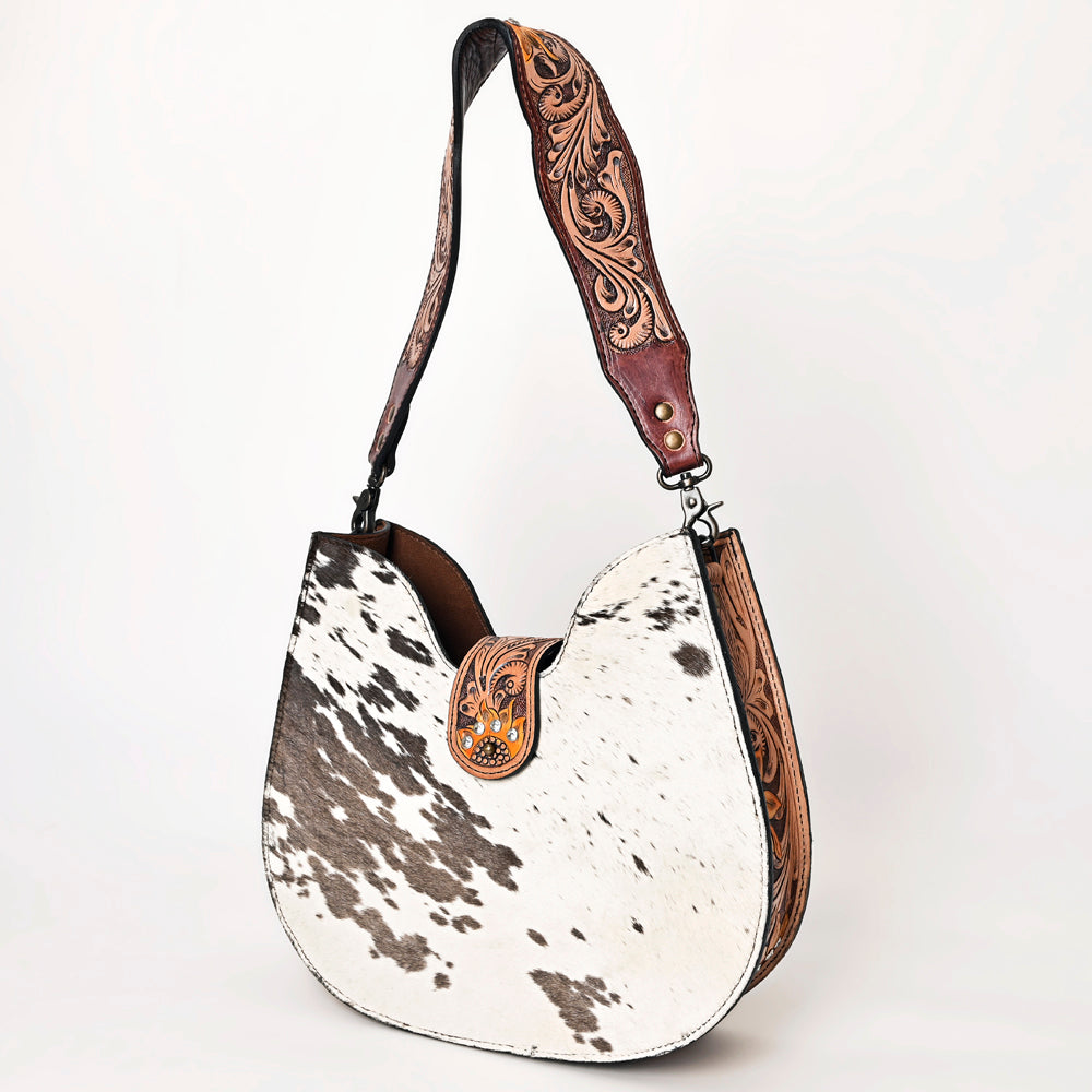 American Darling Hair-on Cowhide Hobo Bag for Women – Genuine Leather Western Shoulder Purse with Hand-Tooled Floral Strap and Artisan Detailing