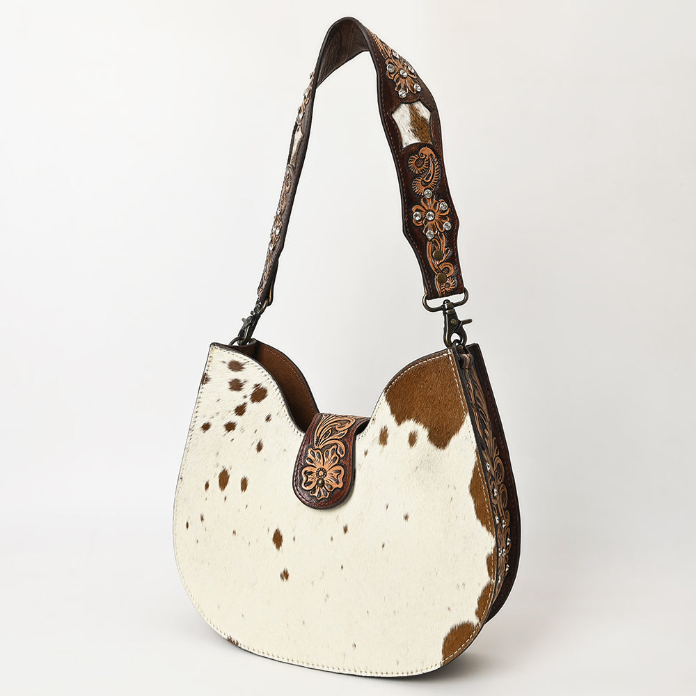 American Darling Hair-on Cowhide Hobo Bag for Women – Genuine Leather Western Shoulder Purse with Hand-Tooled Floral Strap and Artisan Detailing