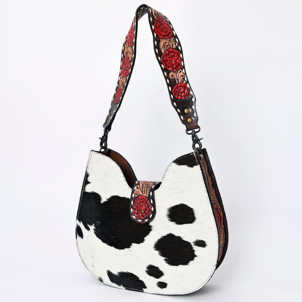American Darling Hair-on Cowhide Hobo Bag for Women – Genuine Leather Western Shoulder Bag with Floral Tooled Strap and Handcrafted Detailing