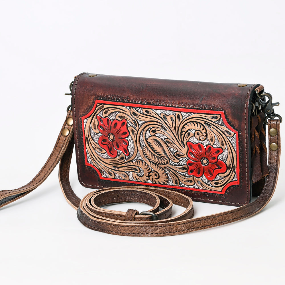American Darling Western Organizer Crossbody Bag – Genuine Leather Hand-Tooled Floral Design with Flower Inlay and Adjustable Strap