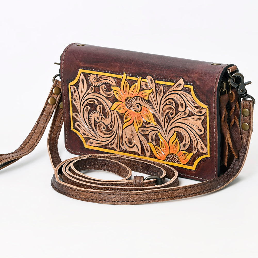 American Darling Hand-Tooled Organizer Crossbody Bag – Genuine Leather Western Purse with Floral Inlay and Adjustable Strap