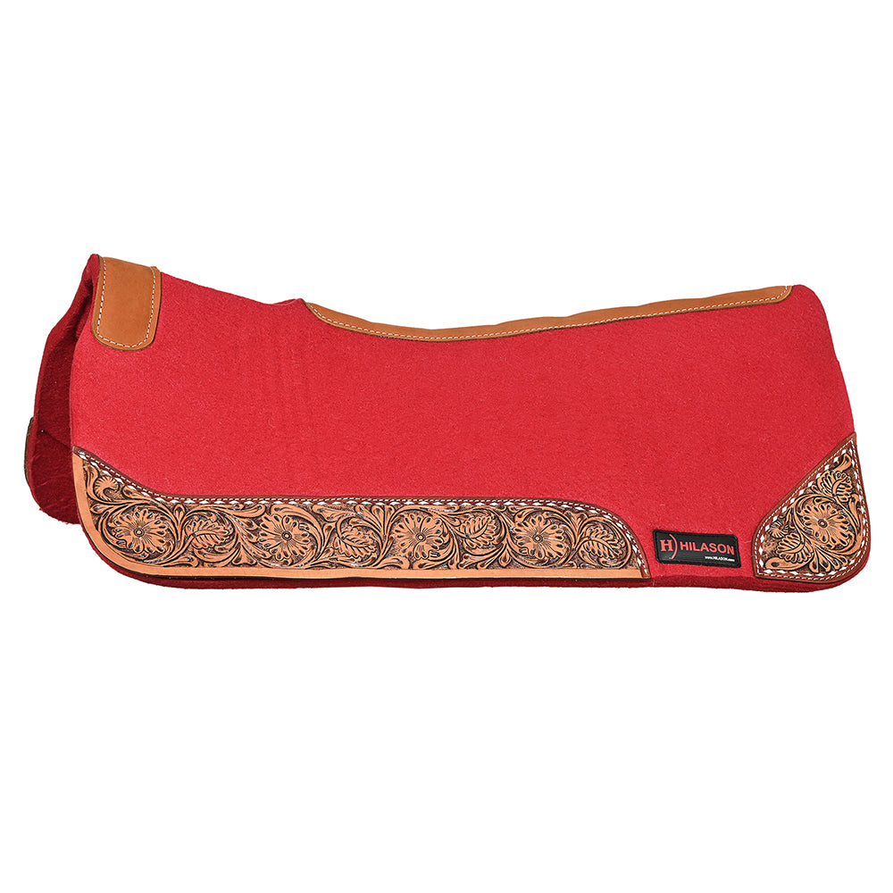 HILASON Western Wool Felt Horse Saddle Pad W/ Distressed Wear Leather Hand Tooled | for Horses