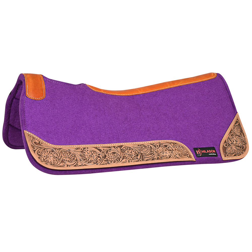 HILASON Western Wool Felt Horse Saddle Pad W/ Distressed Wear Leather Hand Tooled | for Horses