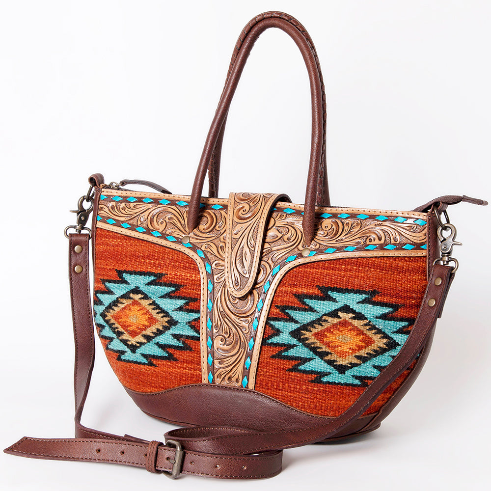 American Darling Western Tote Bag – Hand-Woven Saddle Blanket Design with Genuine Leather, Tooled Floral Accents, and Detachable Strap