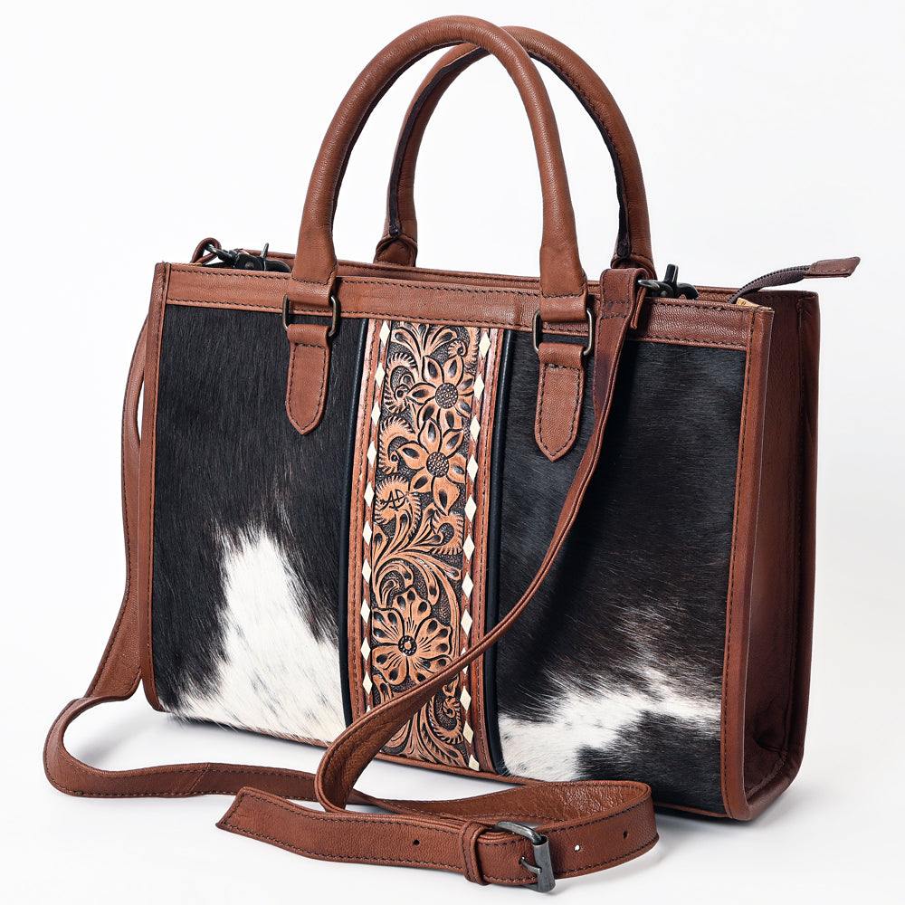 American Darling Hair-on Cowhide Leather Tote Bag with Tooled Floral Panel