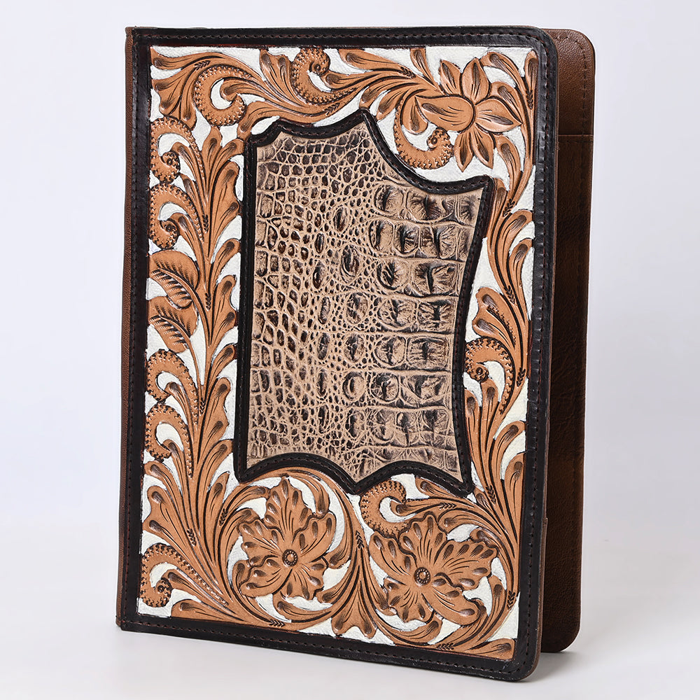 American Darling Crocodile Embossed Portfolio Bag – Genuine Leather Western Organizer with Hand-Tooled Floral Design, Durable Stitching, and Elegant Finish