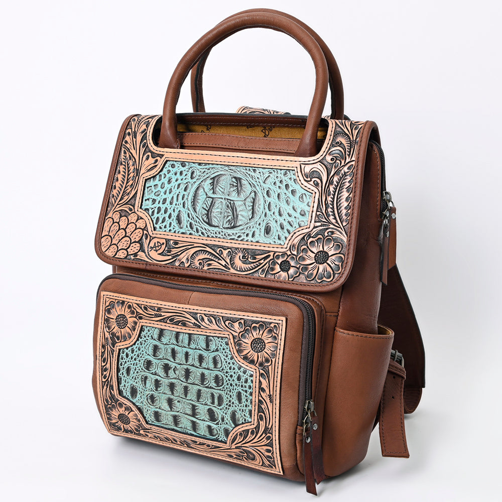 American Darling Western Leather Backpack – Genuine Crocodile Embossed and Hand-Tooled Floral Design, Adjustable Straps, and Spacious Interior