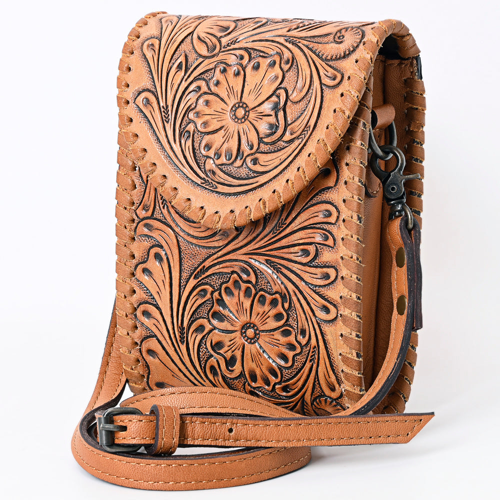 American Darling Western Leather Cell Phone Holder – Genuine Hand-Tooled Floral Design, Adjustable Strap, and Compact Crossbody Style