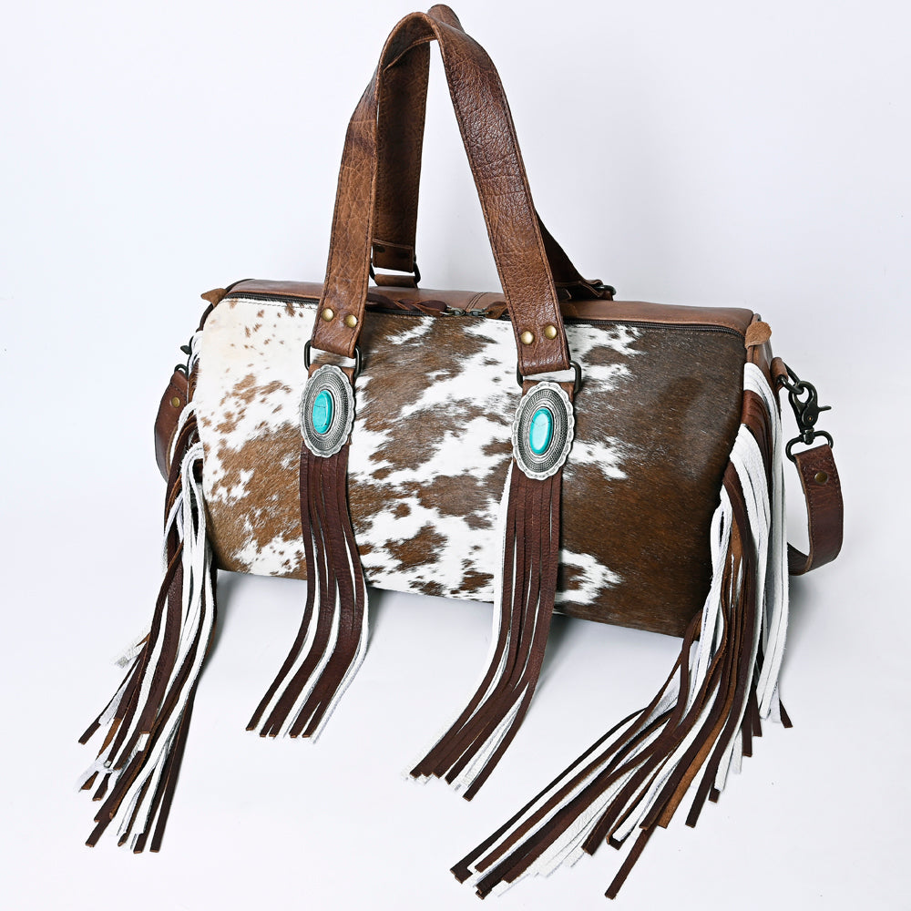 American Darling Hair-On Cowhide Western Leather Duffel Bag with Fringe, Genuine Leather Travel Bag, Weekend Carry Duffel