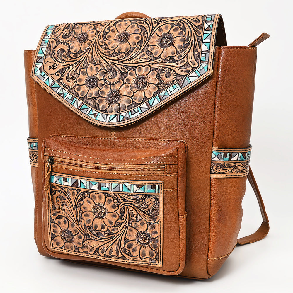 American Darling Hand-Tooled Leather Backpack, Genuine Leather Floral Carved Western Bag with Front Pocket, Everyday Travel Backpack