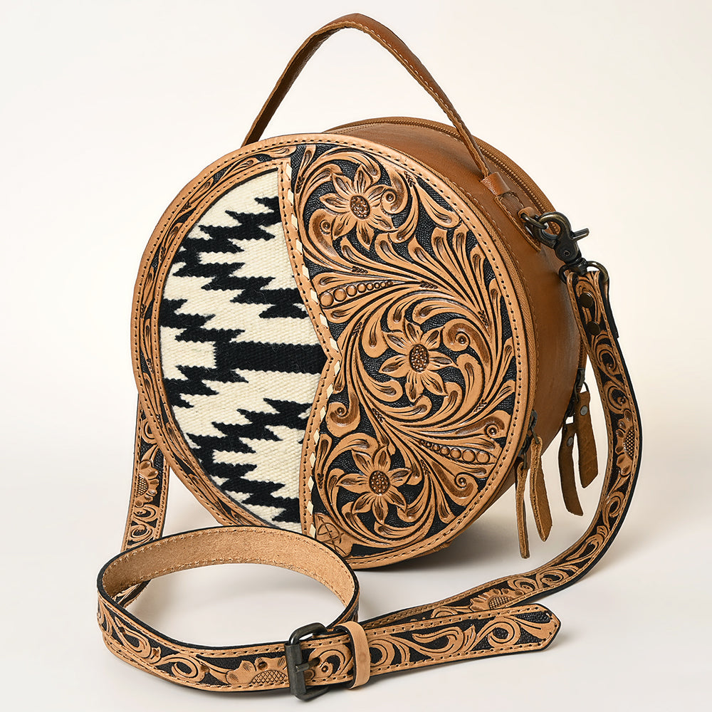 American Darling Hand-Tooled Leather Canteen Bag, Genuine Leather Round Crossbody with Woven Saddle Blanket and Floral Carving