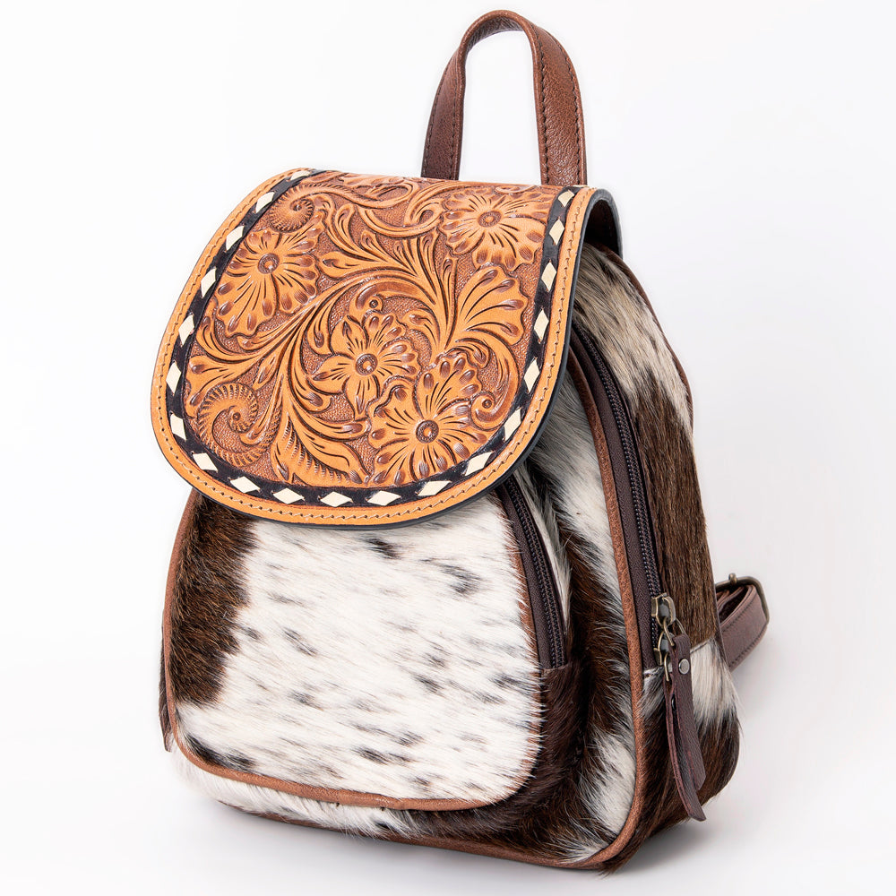 American Darling Hair-On Cowhide Mini Backpack with Hand-Tooled Floral Leather Flap Western Small Backpack