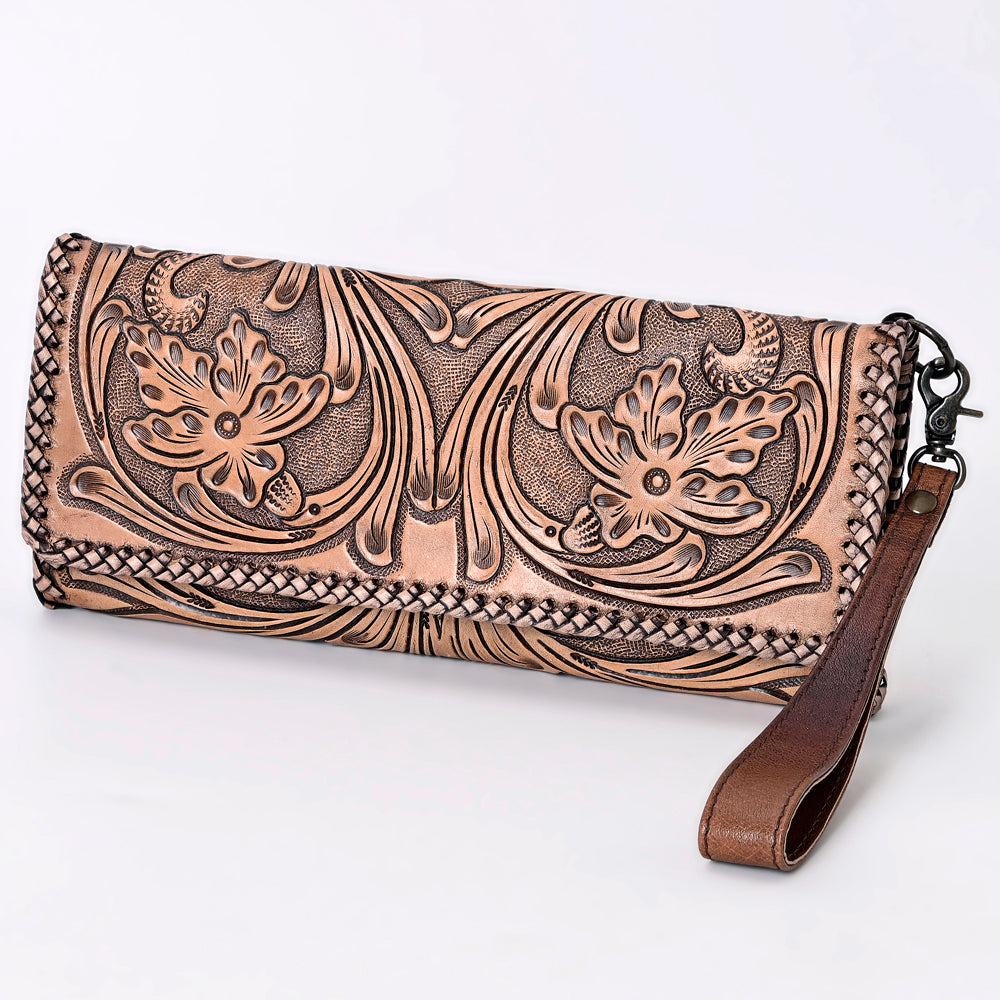 American Darling Western Hand-Tooled Leather Wallet Handbag for Women – Genuine Leather Floral Carved Designer Purse with Wristlet Strap