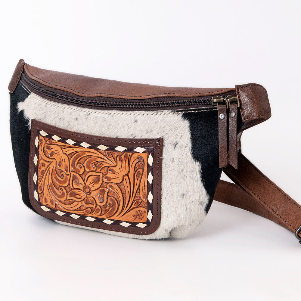 American Darling Hair-On Cowhide Fanny Pack – Genuine Leather Hand-Tooled Western Belt Bag with Adjustable Strap for Everyday and Travel Use