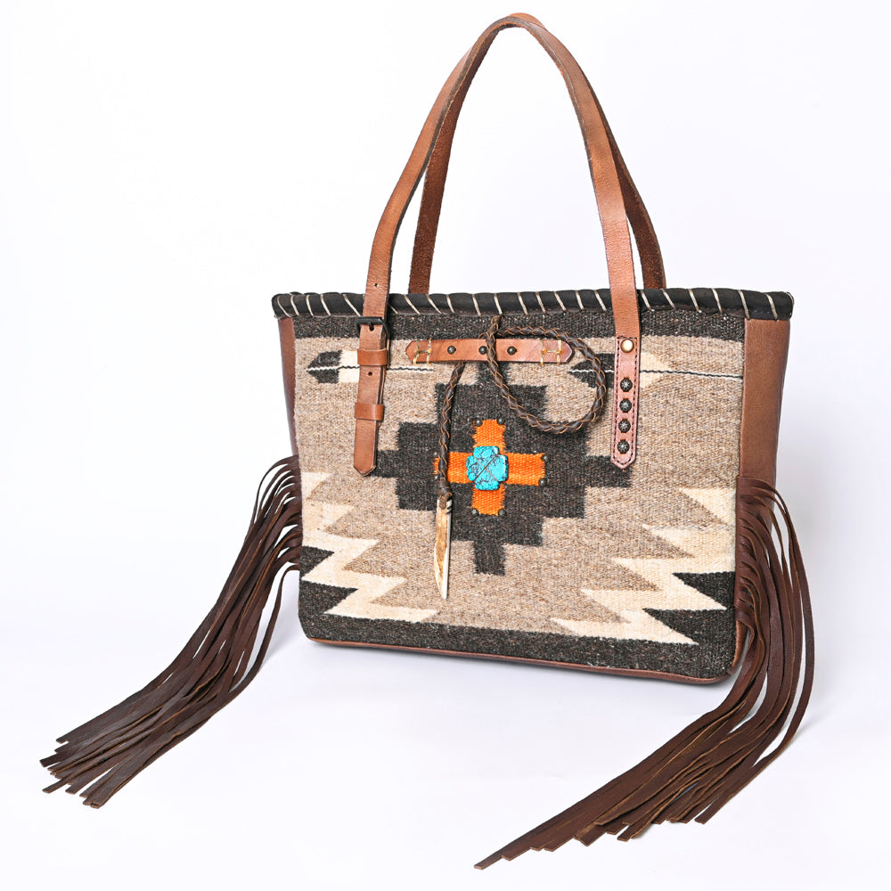 American Darling Hand-Woven Saddle Blanket Tote Bag – Genuine Leather Fringe Western Purse with Strap for Daily Use and Travel