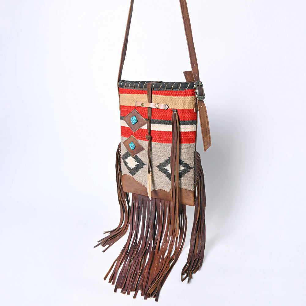American Darling Western Leather Crossbody Bag with Fringe, Handwoven Saddle Blanket Panel, Adjustable Strap & Premium Genuine Leather