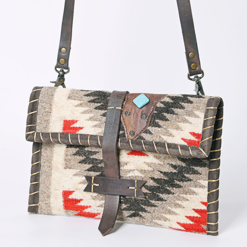 Western Leather Crossbody Bag with Hand Woven Saddle Blanket, Adjustable Strap, Genuine Leather Craft, Lightweight Everyday Carry