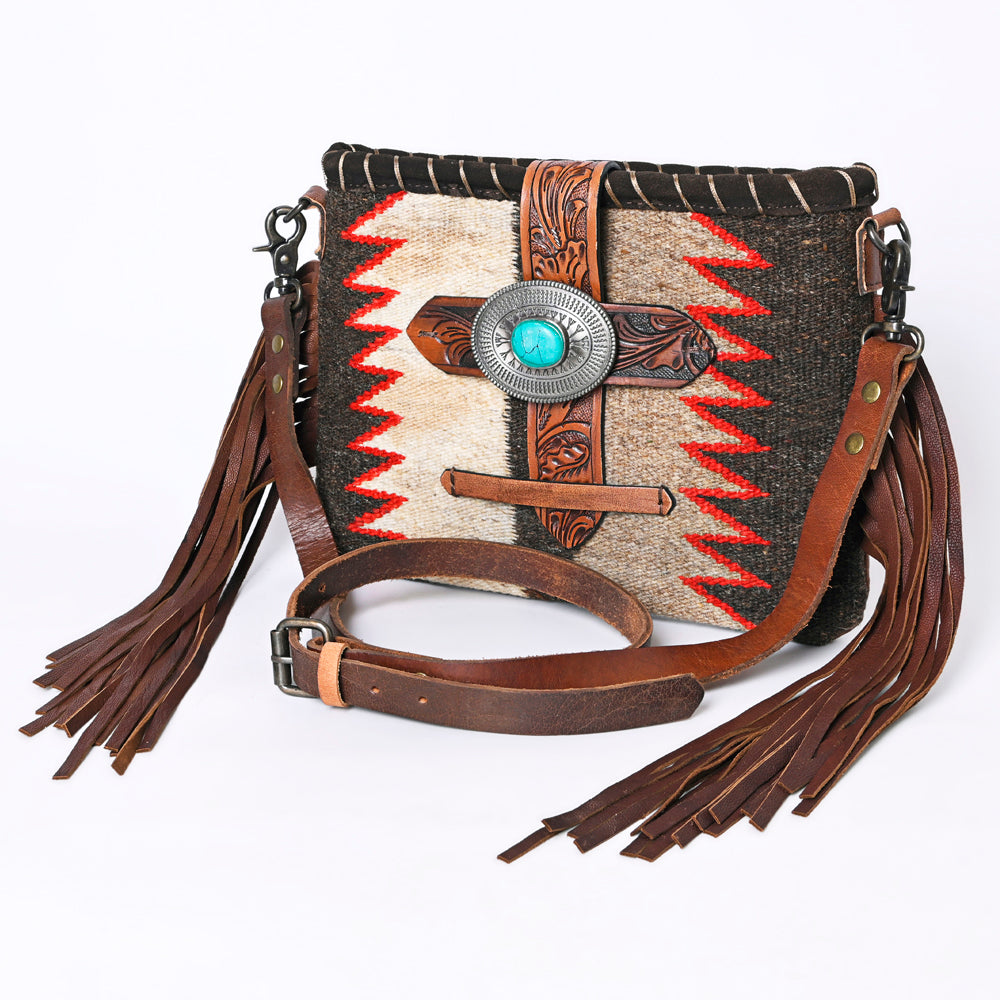 American Darling Western Leather Crossbody Bag with Fringe, Saddle Blanket Body, Adjustable Strap, Handcrafted Design