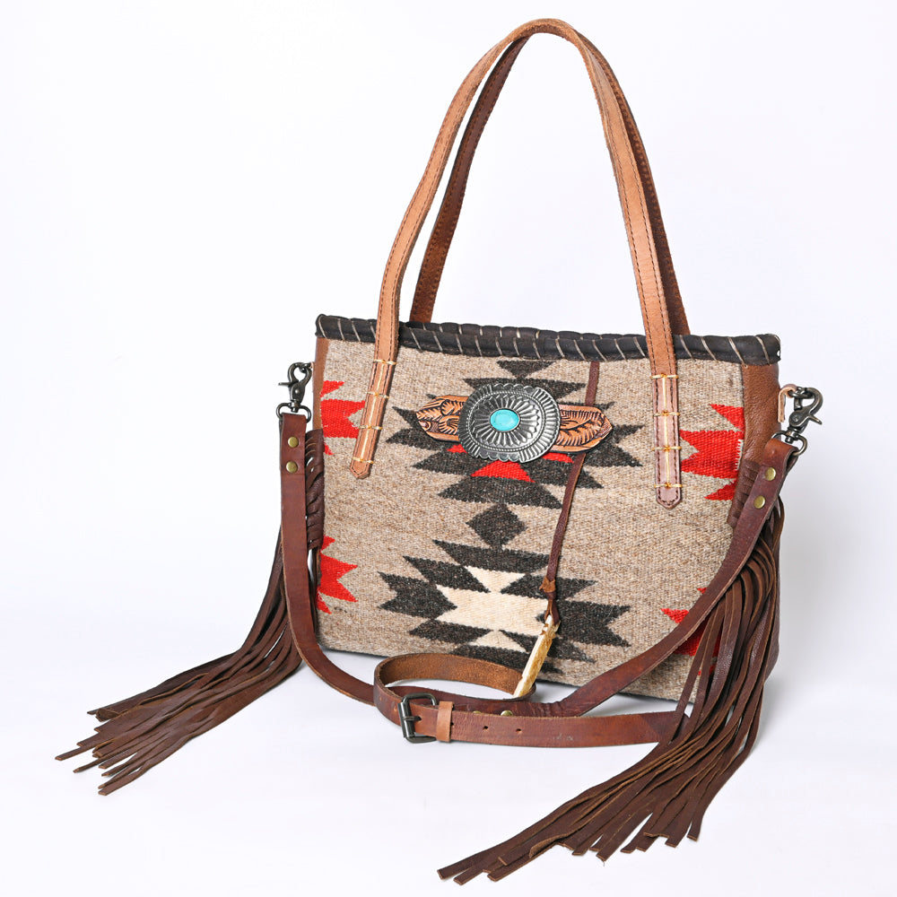 American Darling Handcrafted Western Leather Tote Bag with Native American Handwoven Design, Turquoise Button, Fringes, and Adjustable Strap